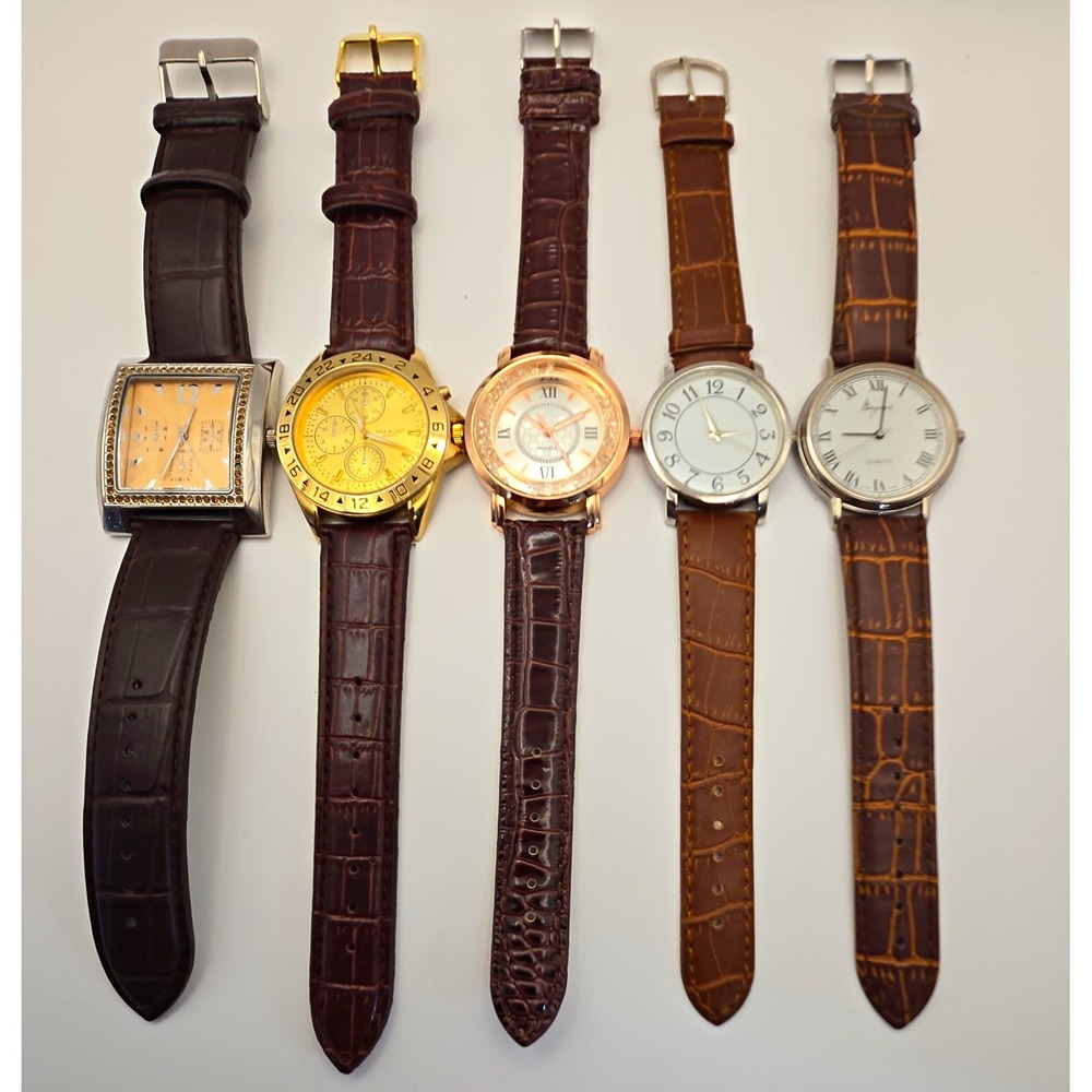 Lot of 5 Quartz Unisex Watches. Brown Straps, Gold & Silver Tone. New Batteries.